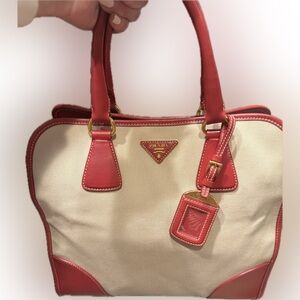 Prada Red & Tan Leather & Canvas Women's Handbag Includes Crossbody Strap